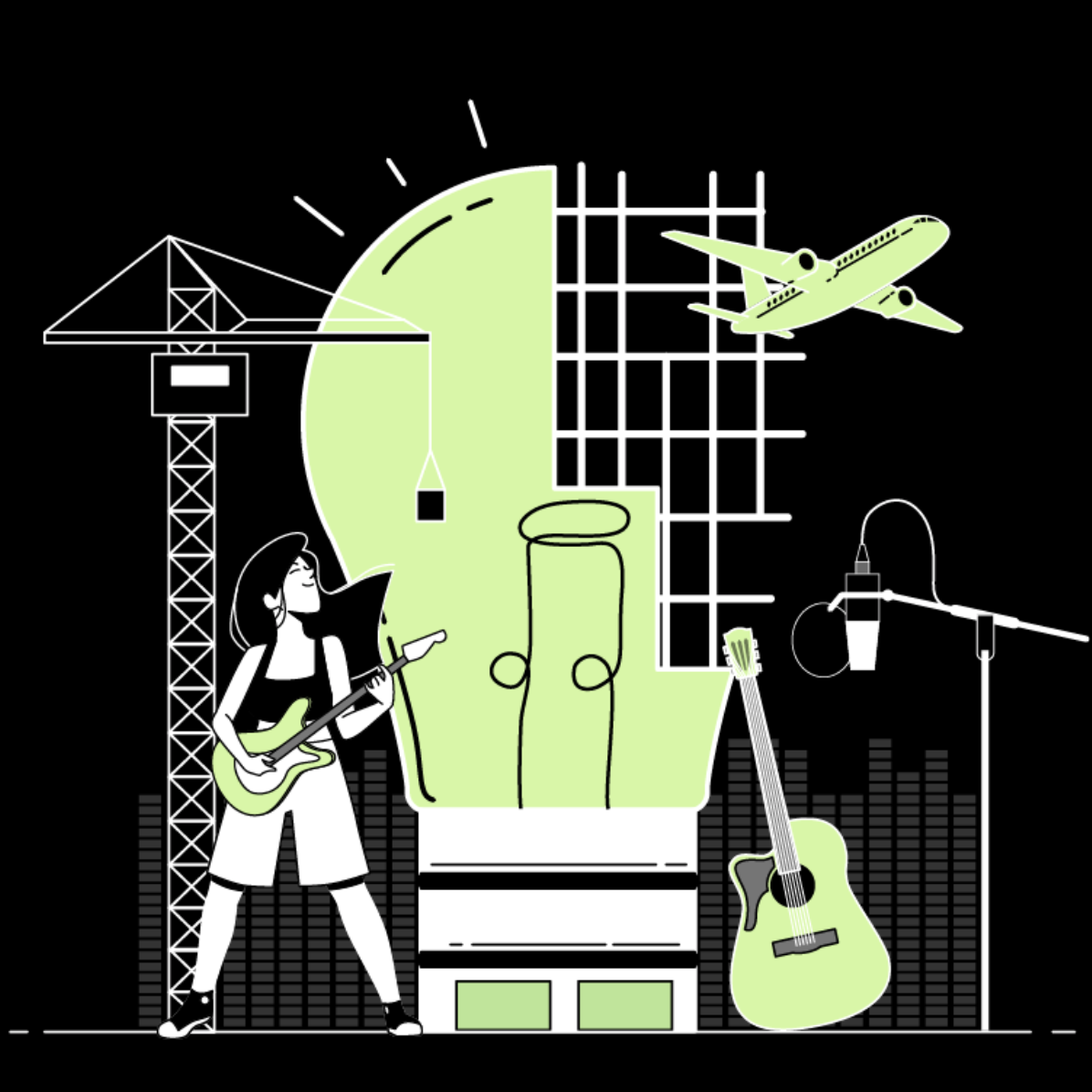 Die Grafik in hellgrün, weiß und schwarz, zeigt (von links nach rechts) einen Kran, eine Person, die Gitarre spielt, eine überdimensionale Glühbirne, die oben rechts aus einem Gitter besteht, eine Gitarre, ein Flugzeug und ein Mikrofon an einem Ständer.